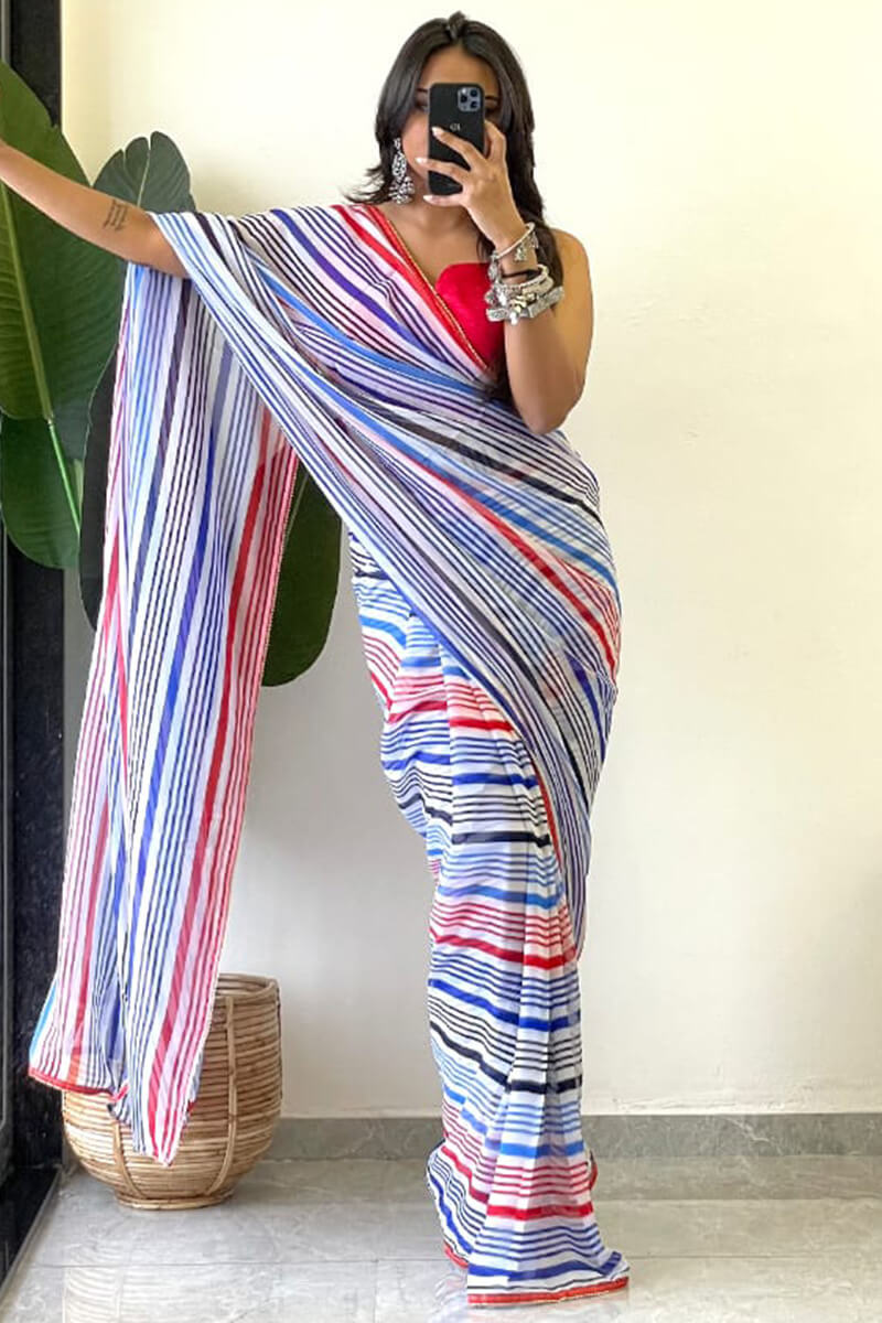 Elegant Blue Georgette Saree with Printed Design – Stitched Saree with Blouse Piece