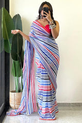 Elegant Blue Georgette Saree with Printed Design – Stitched Saree with Blouse Piece