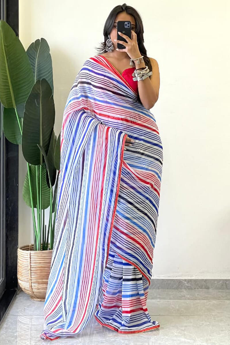 Elegant Blue Georgette Saree with Printed Design – Stitched Saree with Blouse Piece