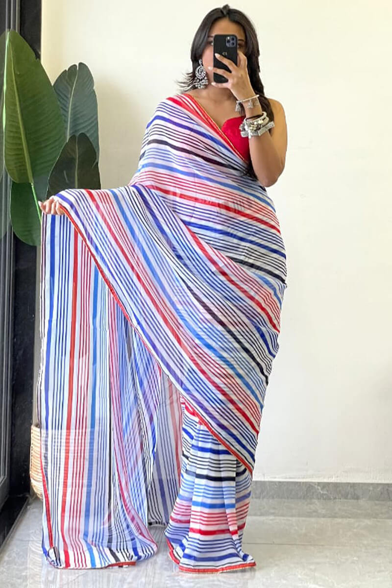 Elegant Blue Georgette Saree with Printed Design – Stitched Saree with Blouse Piece