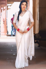 Elegant White Rangoli Silk Saree with Embroidered Border