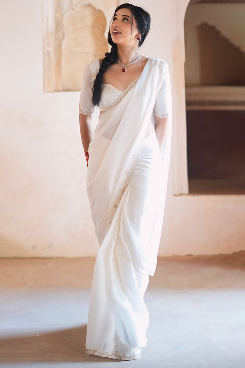 Elegant White Rangoli Silk Saree with Embroidered Border