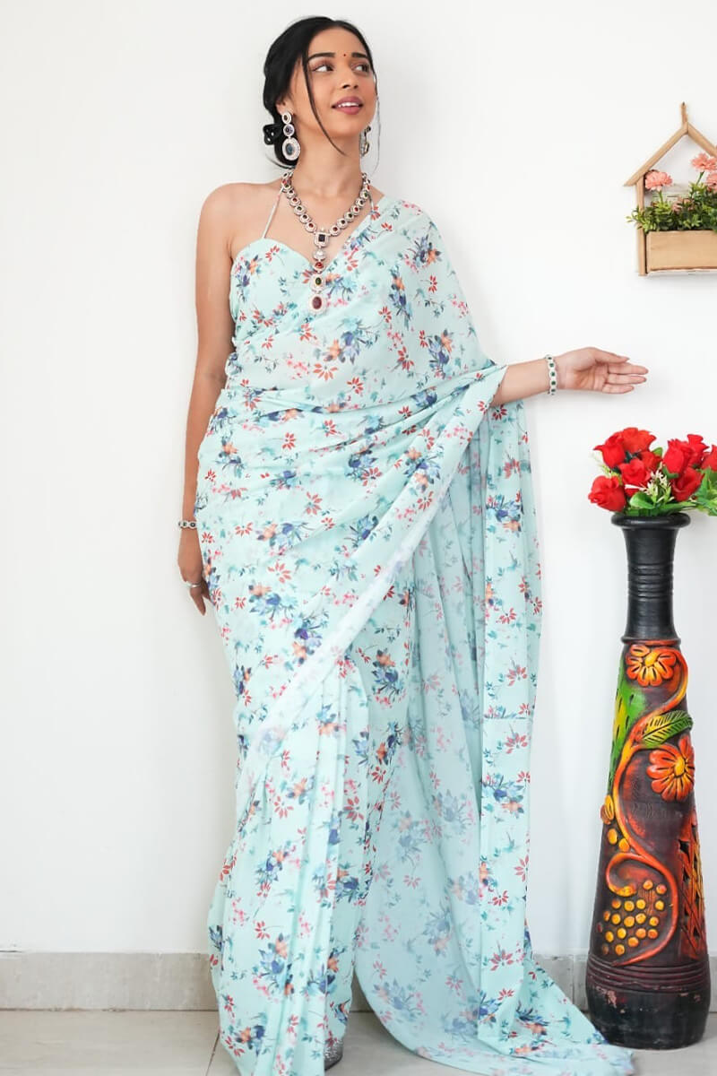 Light Sea Green Printed Satin Silk Saree