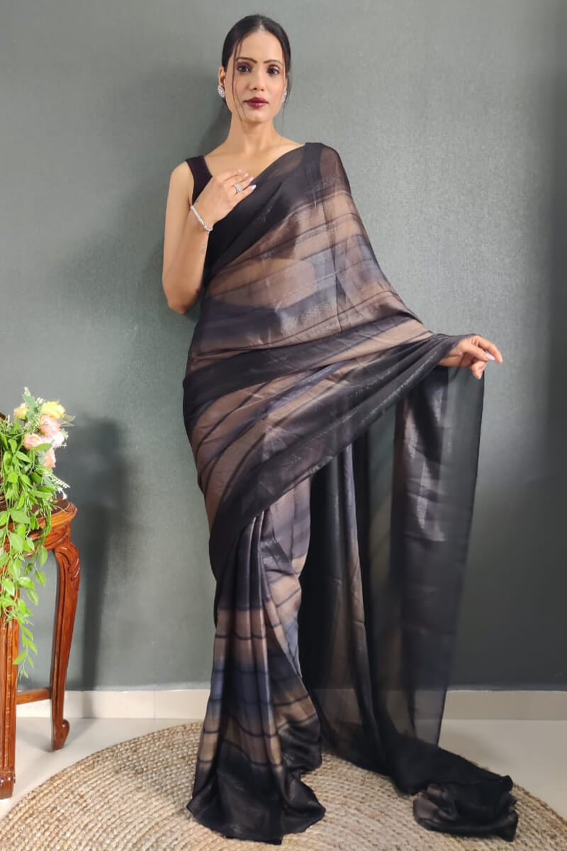 Elegant Simplicity – Black Nylon Silk Pre-Stitched Saree