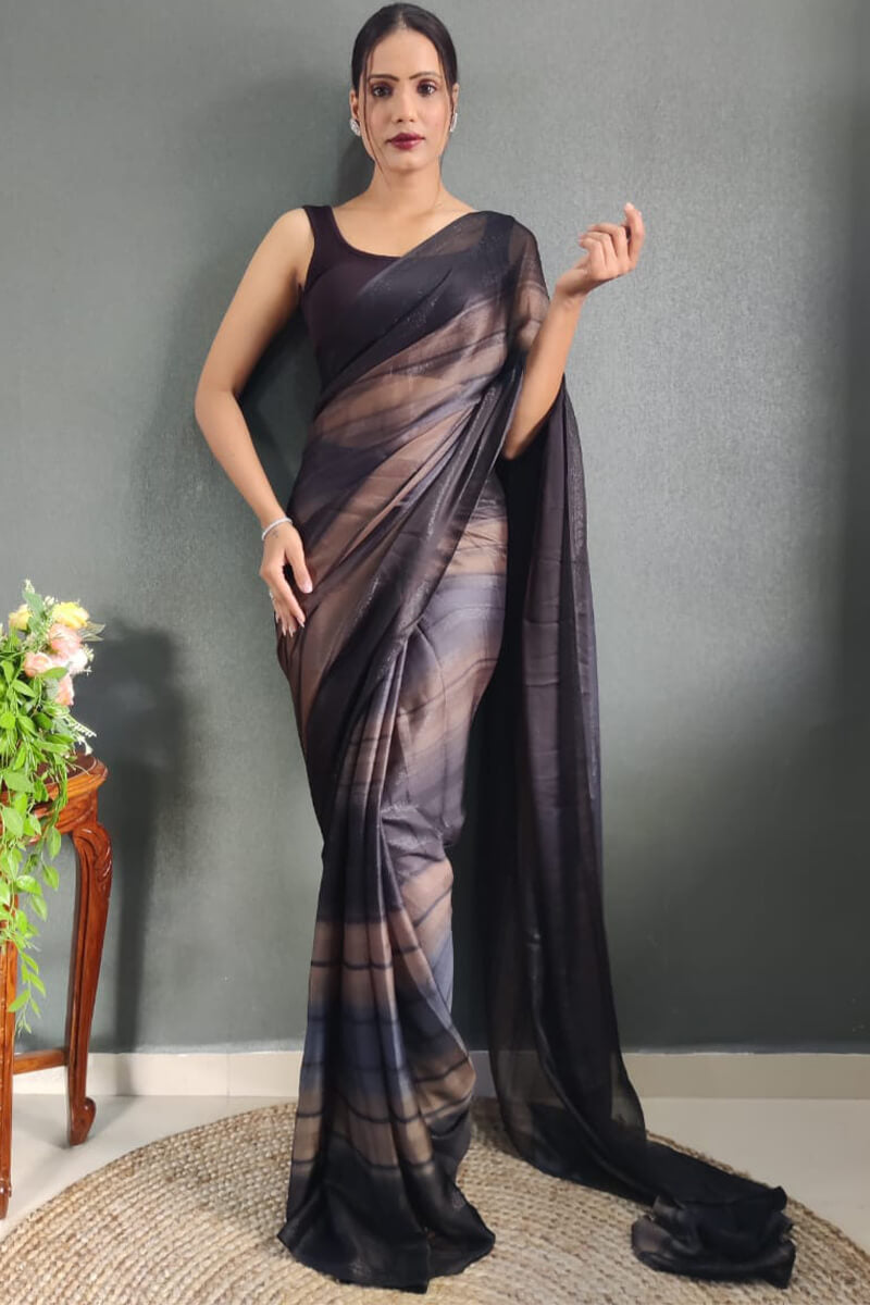 Elegant Simplicity – Black Nylon Silk Pre-Stitched Saree
