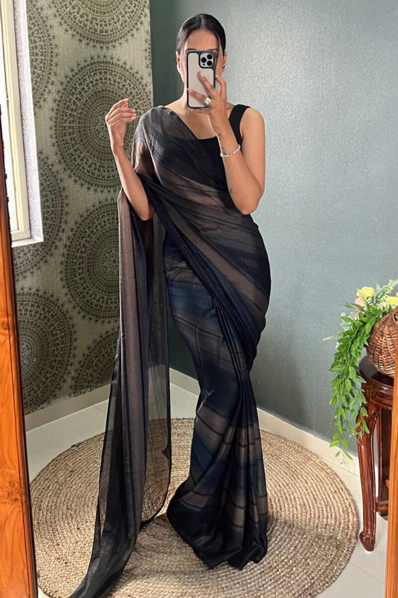 Elegant Simplicity – Black Nylon Silk Pre-Stitched Saree