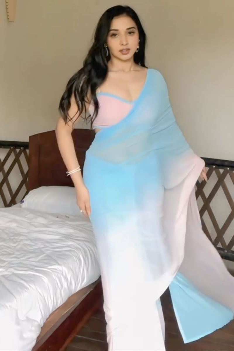 Graceful Sky & Baby Pink Georgette Pre-Stitched Saree
