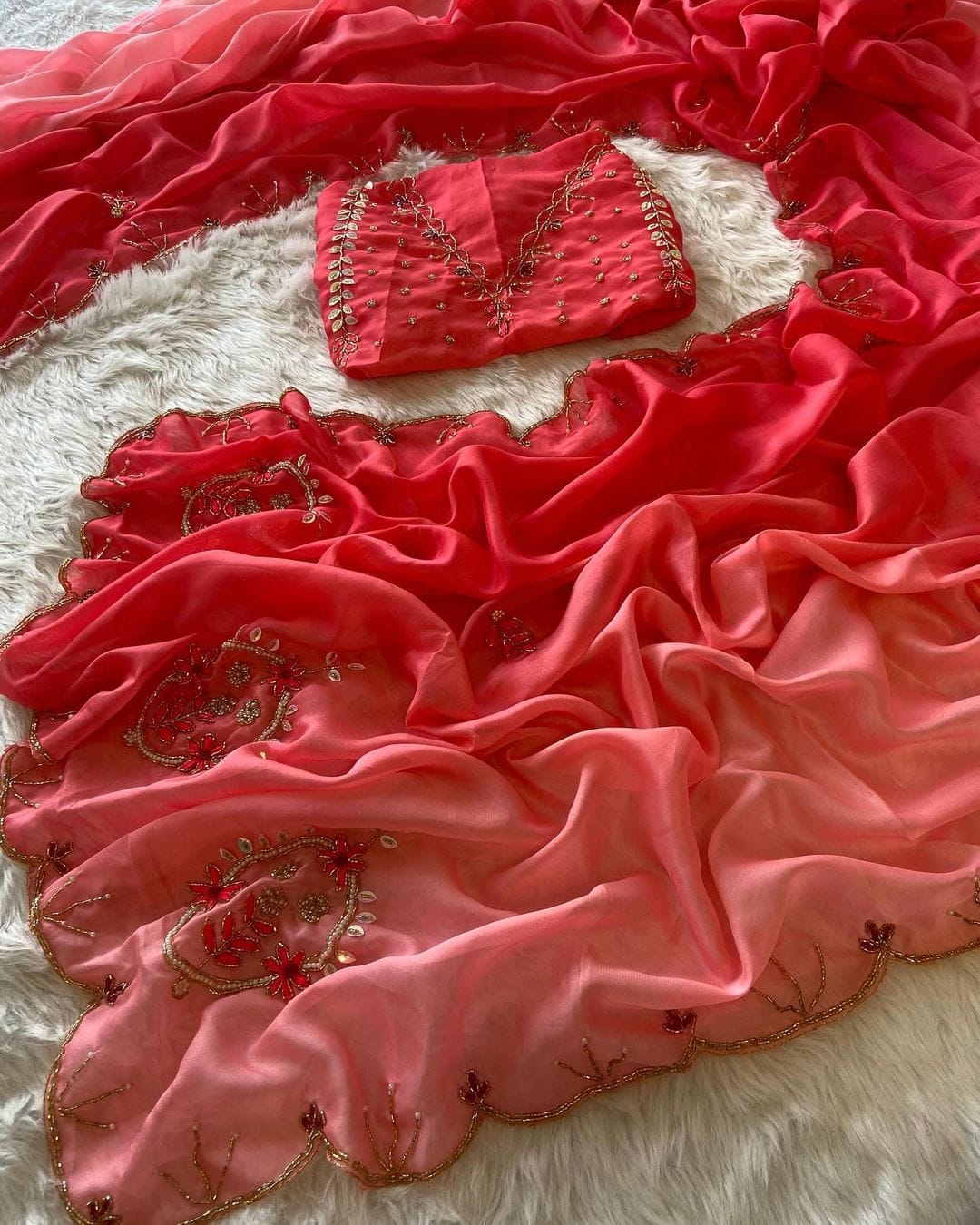 Elegant Rangoli Silk Saree in Pink with Printed and Hand Work – Stitched Saree with Blouse Piece