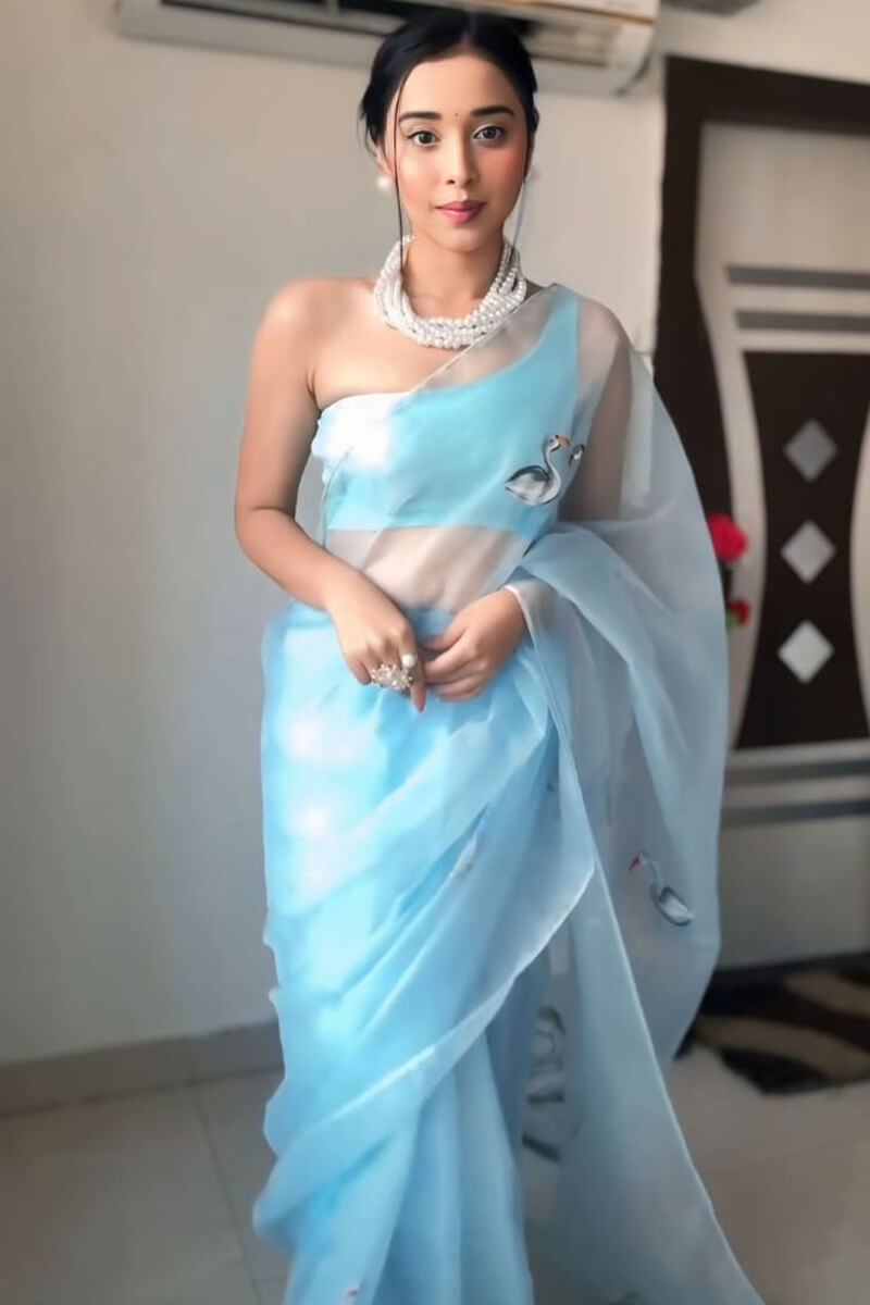 Elegant Sky Blue Organza Silk Pre-Stitched Saree