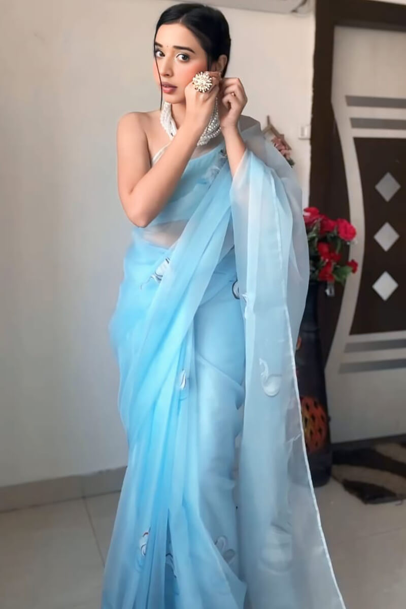 Elegant Sky Blue Organza Silk Pre-Stitched Saree
