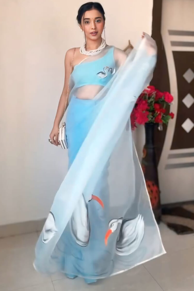 Elegant Sky Blue Organza Silk Pre-Stitched Saree