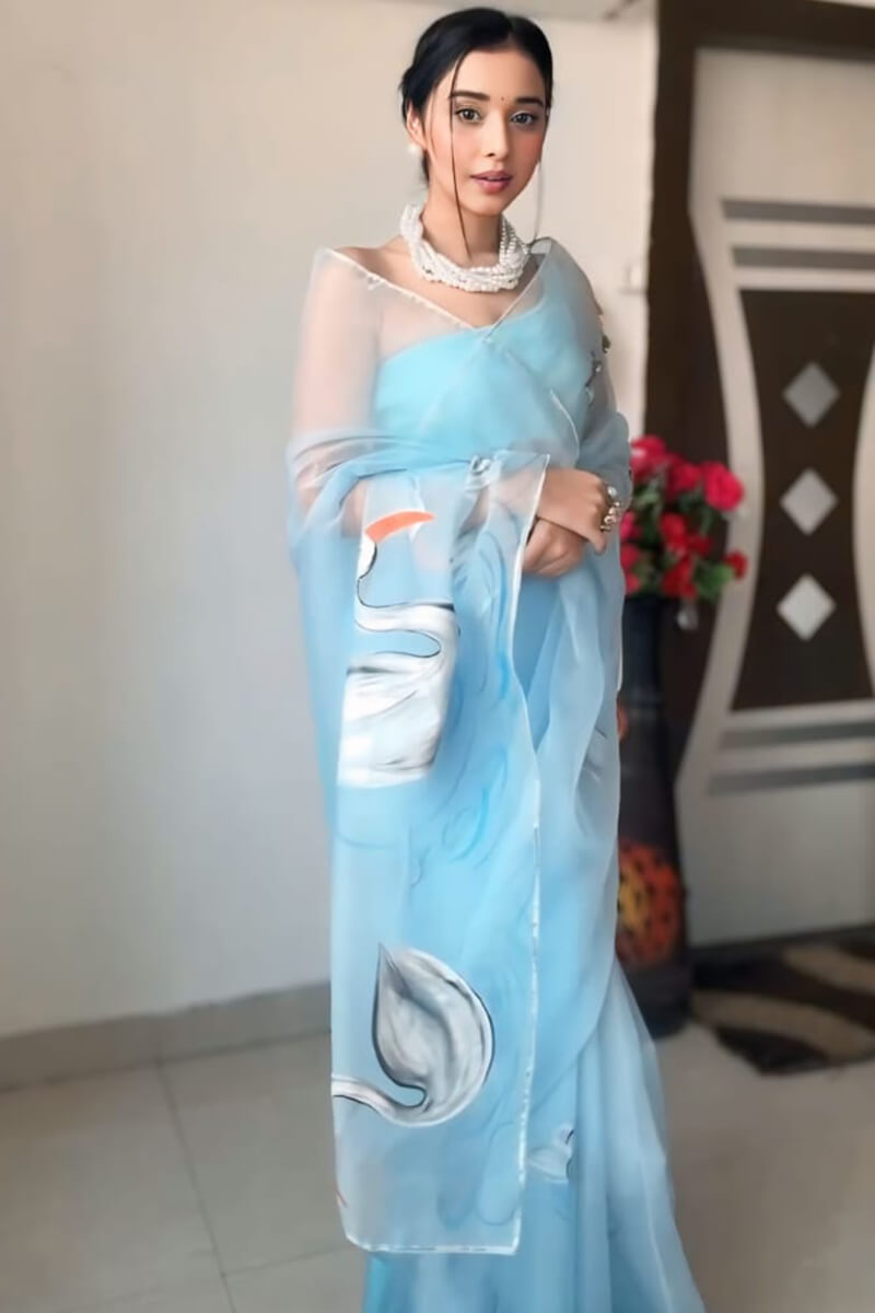 Elegant Sky Blue Organza Silk Pre-Stitched Saree