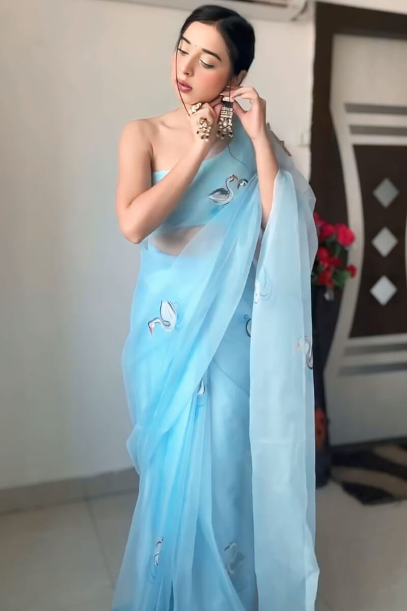 Elegant Sky Blue Organza Silk Pre-Stitched Saree
