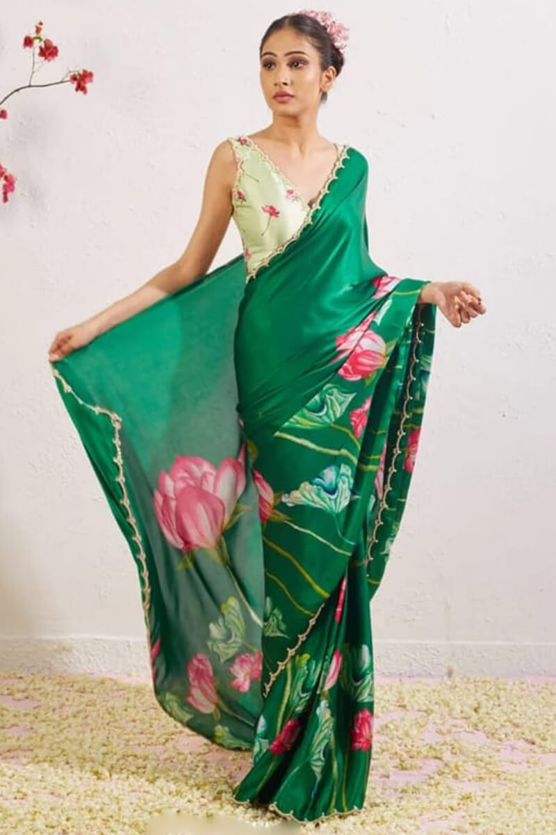 Dark Green Satin Silk Pre-Stitched Saree with Hand Work Border