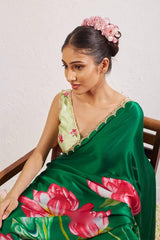 Dark Green Satin Silk Pre-Stitched Saree with Hand Work Border
