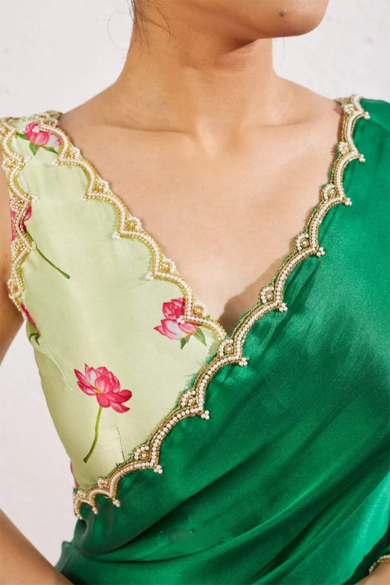 Dark Green Satin Silk Pre-Stitched Saree with Hand Work Border