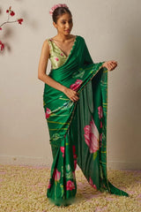 Dark Green Satin Silk Pre-Stitched Saree with Hand Work Border