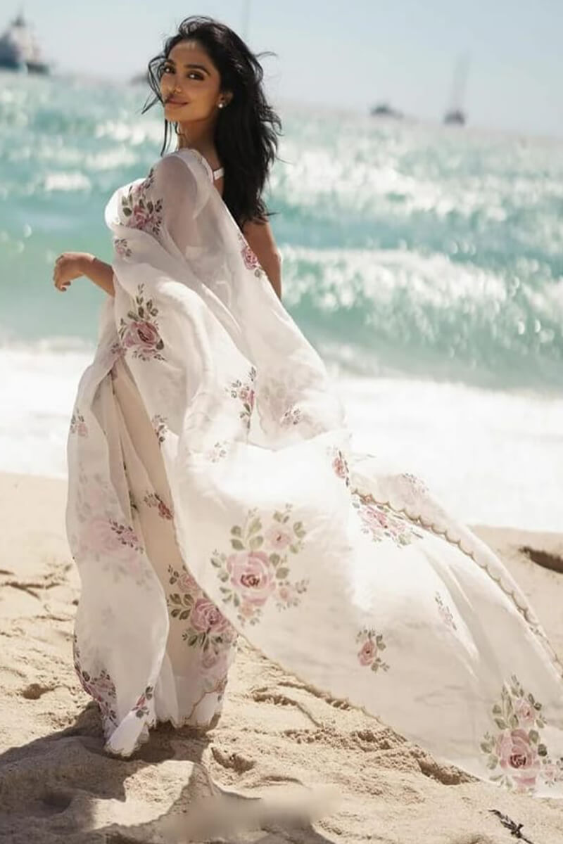 Beige Organza Silk Sarees