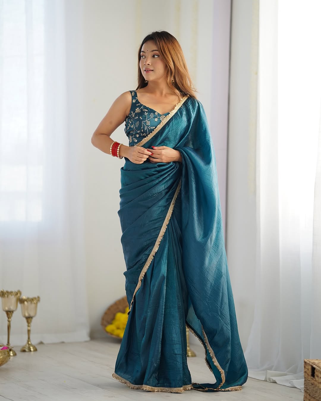 Opulent  Crush Silk Saree in Blue with Golden Border