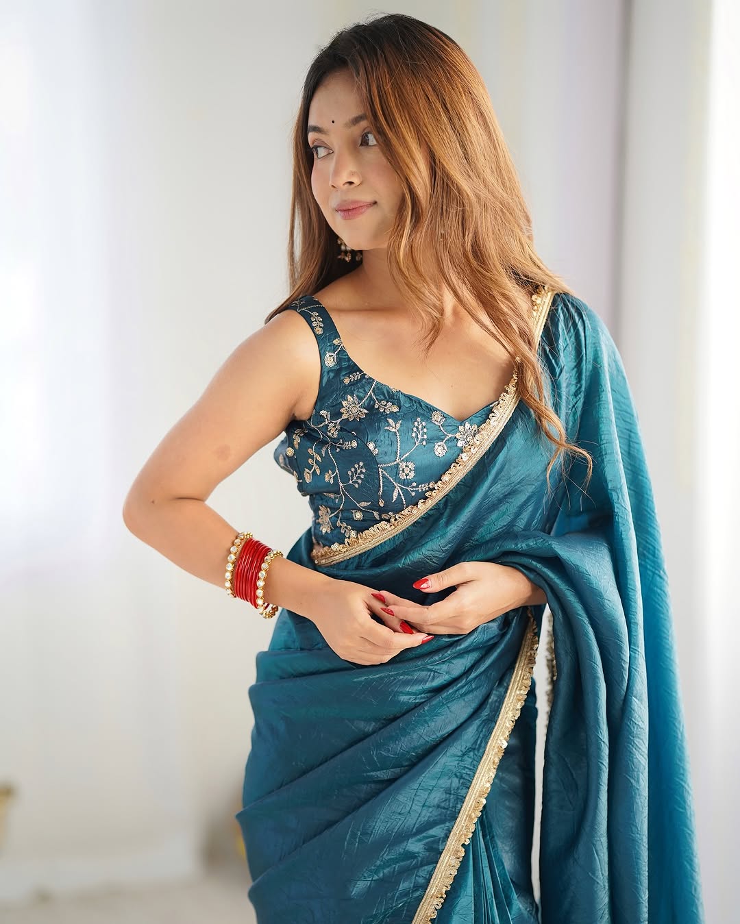 Opulent  Crush Silk Saree in Blue with Golden Border