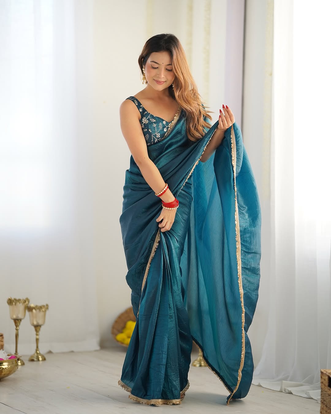 Opulent  Crush Silk Saree in Blue with Golden Border