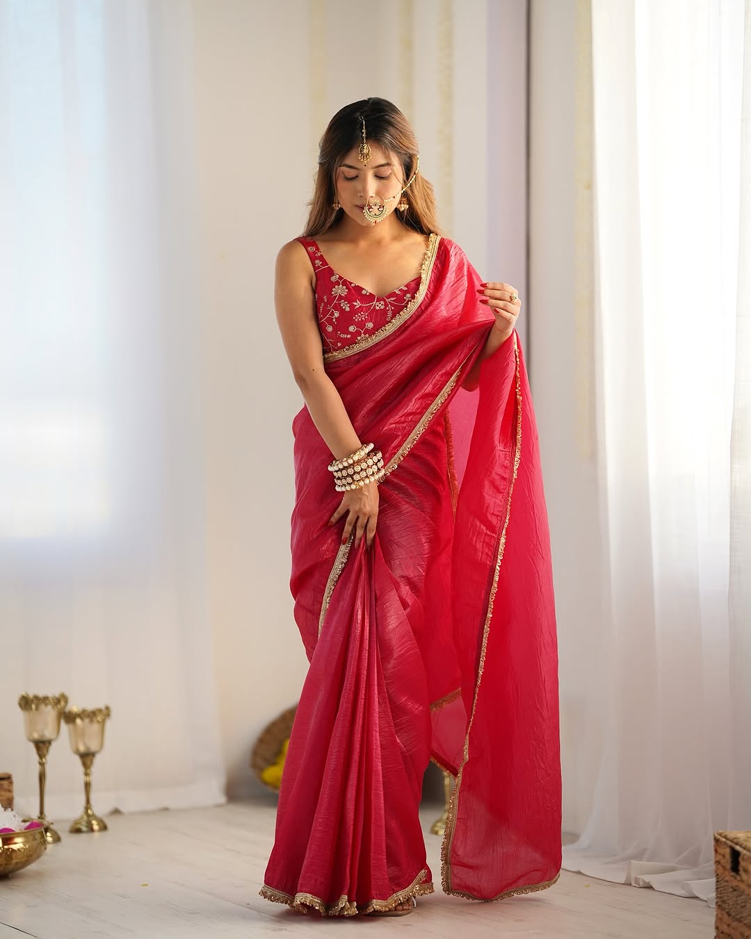 Crush Silk Saree in Dark Pink with Golden Border Work – Stitched Saree with Blouse