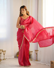 Crush Silk Saree in Dark Pink with Golden Border Work – Stitched Saree with Blouse