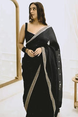 Black Organza Silk Saree with Embroidered Lace Border