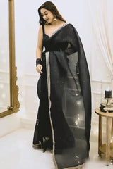 Black Organza Silk Saree with Embroidered Lace Border