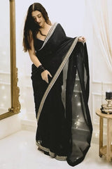 Black Organza Silk Saree with Embroidered Lace Border