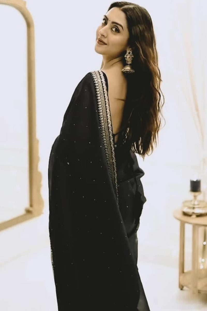 Black Organza Silk Saree with Embroidered Lace Border