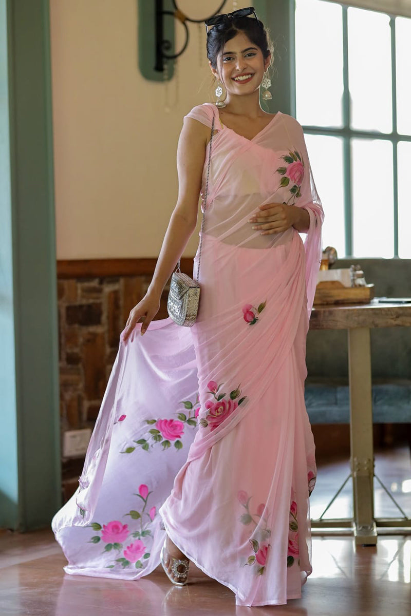 Graceful & Effortless – Pink Georgette Pre-Stitched Saree