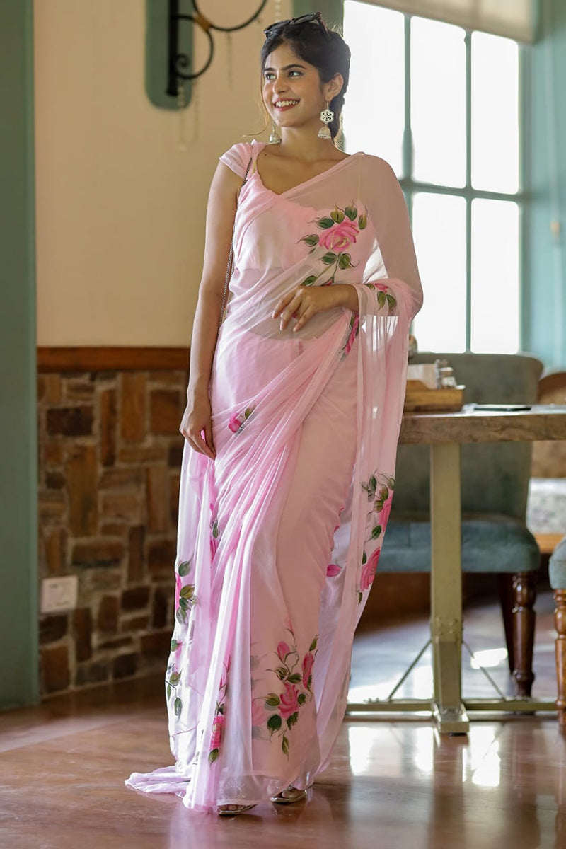 Graceful & Effortless – Pink Georgette Pre-Stitched Saree