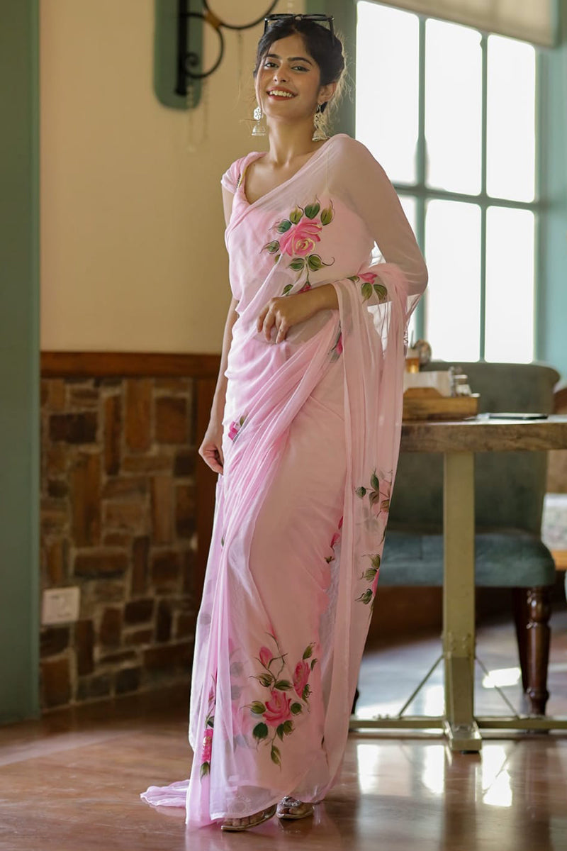 Graceful & Effortless – Pink Georgette Pre-Stitched Saree