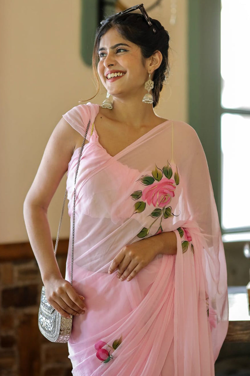 Graceful & Effortless – Pink Georgette Pre-Stitched Saree