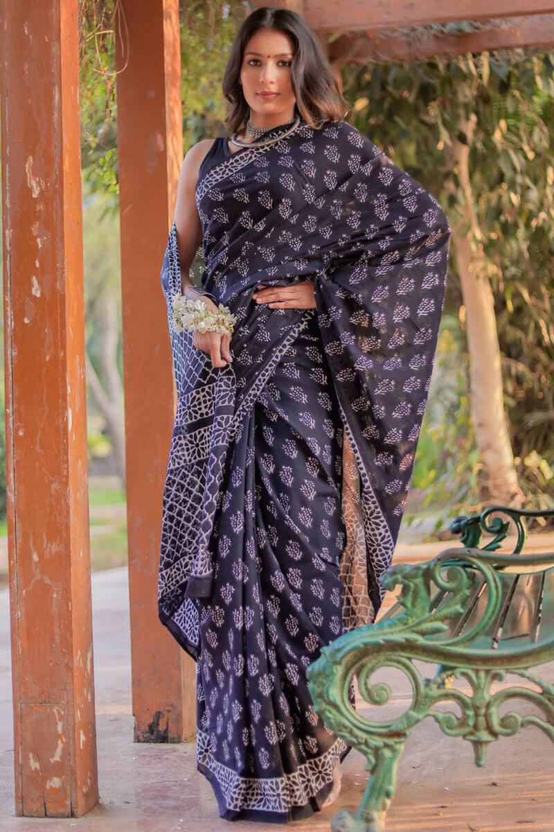 Blooming Black Cotton Pre-Stitched Saree