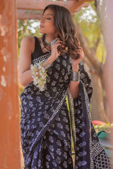 Blooming Black Cotton Pre-Stitched Saree