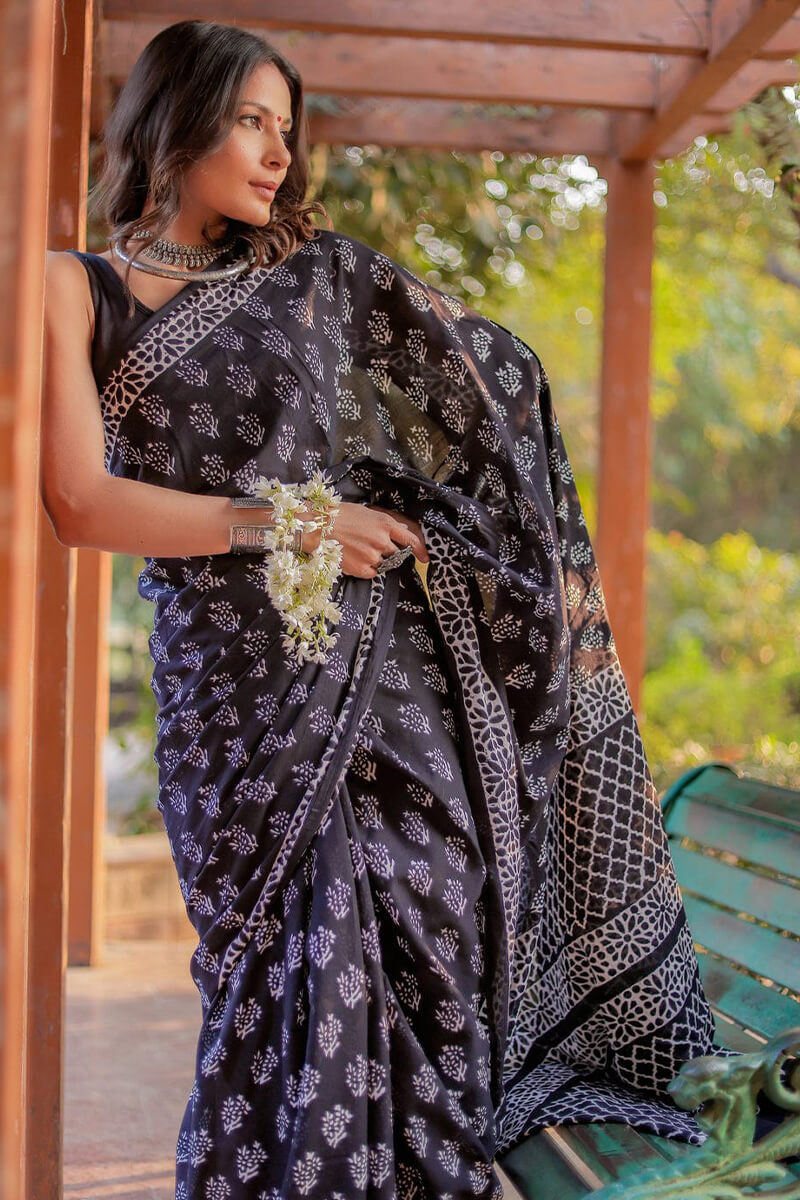 Blooming Black Cotton Pre-Stitched Saree