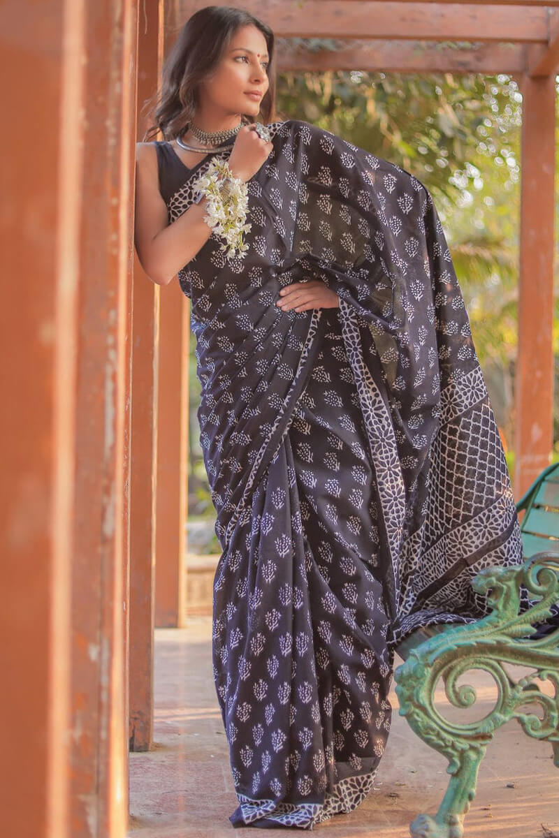 Blooming Black Cotton Pre-Stitched Saree