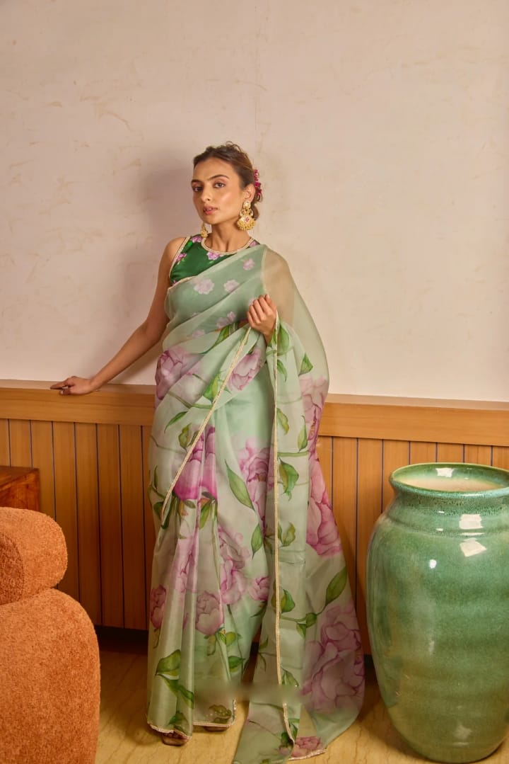 Pista Organza Silk Saree
