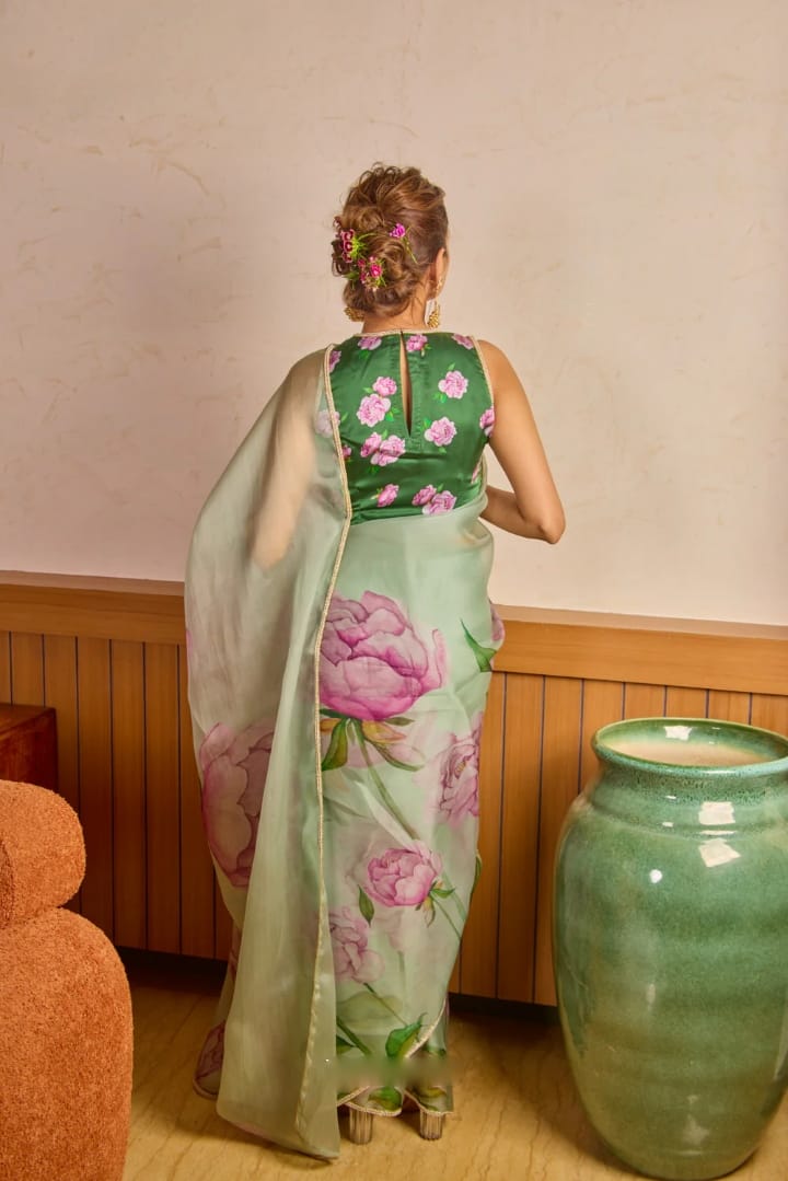 Pista Organza Silk Saree