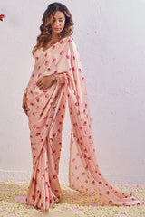Elegant Peach Satin Silk Ready-To-Wear Saree