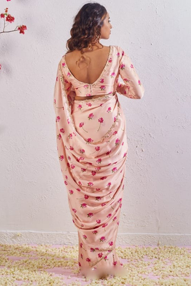 Elegant Peach Satin Silk Ready-To-Wear Saree