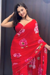 Red Georgette Pre-Stitched Saree with Handwork and Golden Lace Border
