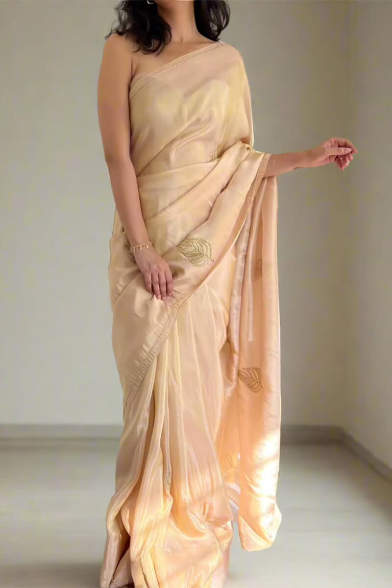 Graceful Elegance – Peach Malai Satin Silk Pre-Stitched Saree