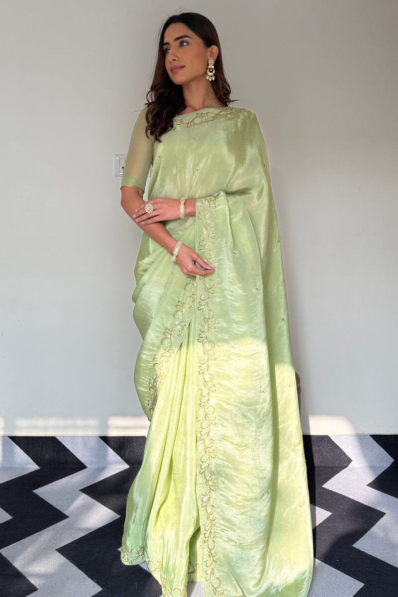 Glowing Elegance Pista Malai Satin Silk Saree