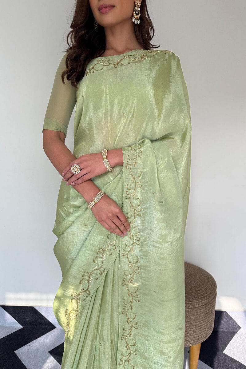 Glowing Elegance Pista Malai Satin Silk Saree