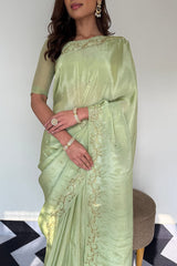 Glowing Elegance Pista Malai Satin Silk Saree