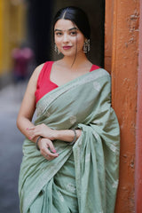 Pista Mul Cotton Pre-Stitched Saree with Digital Print & Pocket