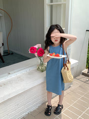 Sleeveless Denim Korean-Style Girls Dress – Casual Cotton Blend